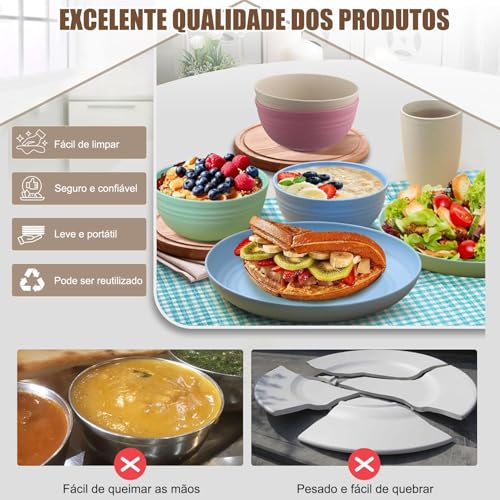 Kit 16 Conjunto de Louça de Palha de Trigo, Conjuntos de Pratos e Tigelas de Plástico Inquebráveis, Conjunto de Louça Inquebrável para 4, Pratos de Jantar Reutilizáveis e Seguros