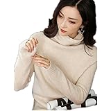 DILLY FASHION Women's Cashmere Sweater Turtleneck Neck Sweater (L, Beige)