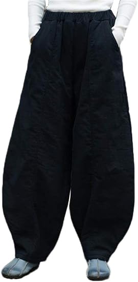 Amazon チューカー レディース ロングパンツ チノパンツ 中綿入れ 綿パンツ 秋冬 防寒 長ズボン 綿麻 ニッカーボッカー ハレムパンツ ウェストゴム 無地 ポケット付き 復古 ブラックf ロングパンツ 通販
