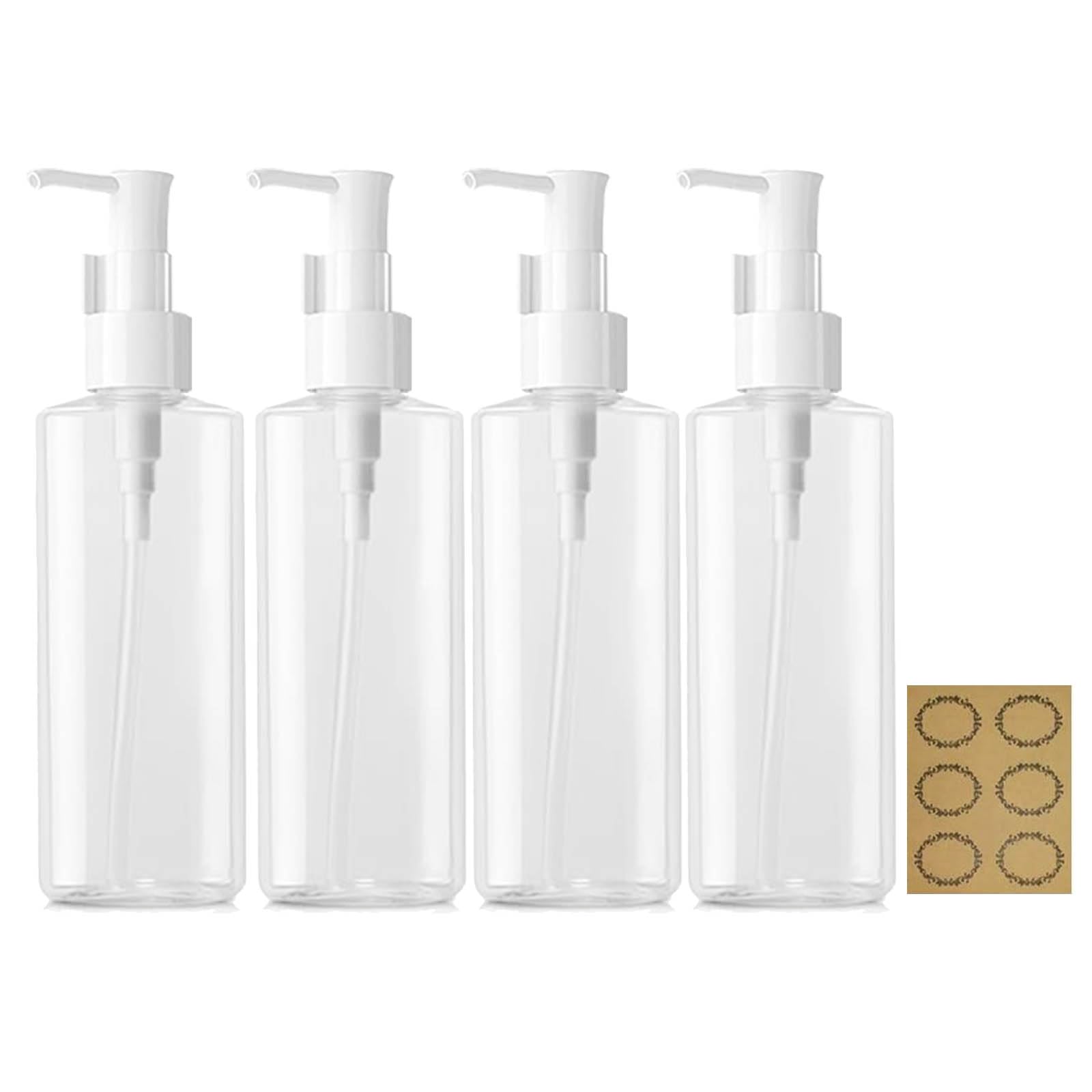 Apstaqeoo 4Pcs 150ML Empty Lotion Dispenser Refillable Clear Plastic Oval Travel Bottles Makeup Cosmetic Flat Container Dispenser with Pump Head & Label for Gel Cream Shampoo Massage Cleansing Oil