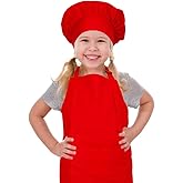 CRJHNS Kids Apron and Chef Hat Set, Adjustable Cotton Child Aprons with Large Pocket Red Girls Boys Kitchen Bib Aprons for Cooking Baking Painting