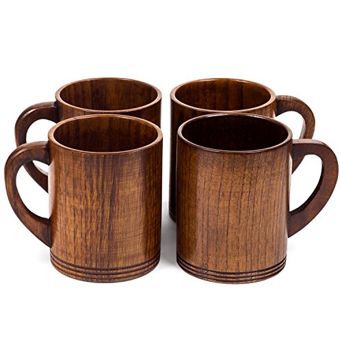 Wooden Mugs 10 oz - Set of 4 - For drinking Tea, Coffee, Wine, Hot Drinks - With handle - Thumbnail 2