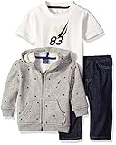 Nautica Baby Three Piece Set with Fleece Printed Hoodie, Tee, and Denim Jean, Grey Heather, 3-6 Months