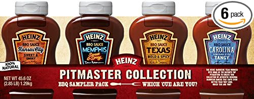 Image: https://images-na.ssl-images-amazon.com/images/I/51ZCr85L0dL.SX500_SY196_CR,0,0,500,196_PIbundle-6,TopRight,0,0_SX500_SY196_CR,0,0,500,196_SH20_.jpg Heinz BBQ Sauce Pitmaster Collection Sampler Pack 456 Ounce Pack of 6