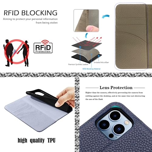 LANJLM iPhone 17 Pro Wallet Case Genuine Leather Antimagnetic Card Holder Flip Cover Shockproof iPhone 17 Pro Cases - Black