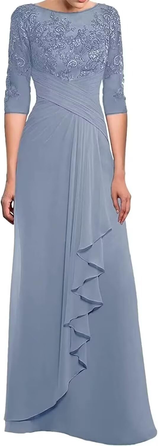 Photo 1 of ( plus size 16 size) Absyore Lace Mother of The Bride Dresses for Wedding 3/4 Sleeves Chiffon Long Formal Evening Party Gown for Women Dusty Blue US16