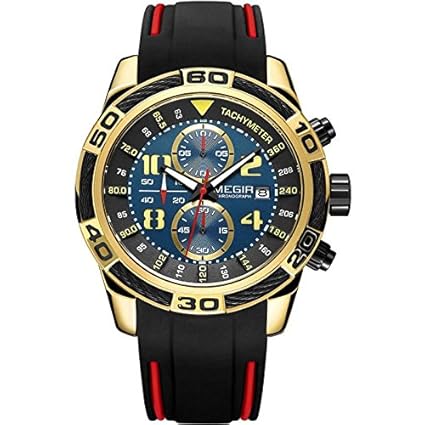 Megir Elegant Design Analog Chronograph Sports Series Genuine PU Strap Watch -2045 Gold Blue