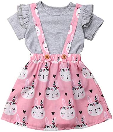Easter Day Toddler Baby Girls Clothes Ruffle Sleeve T-Shirt Tops+ Bunny Overall Skirt Set