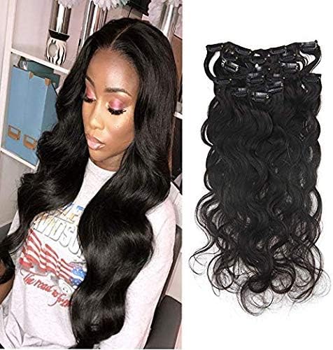Fshine 18 Inch Natural Black Clip In Hair Extensions Body Wave Extensions Clip In Remy Human Hair for Afro Women 100 Gram Per Set Full Head Clip Ins Wavy Hair 7Pcs