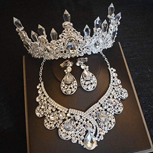 Diamond Rhinestone Women Jewelry Set Tiaras Crowns Necklace Earrings Pendant Silver Color Pageant Wedding Hair Accessories For Bride