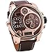 OULM Rose Golden Case Men Digital Quartz Watch Sub-dials Brown Leather Strap Super Size Japan 3 Time Zone Display Movement + Box