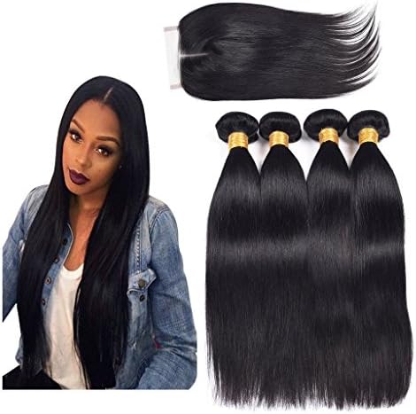 Ali AMY Peruvian Straight Human Hair 4 Bundles With Closure Middle Part Uprocessed Peruvian Virgin Hair Natural Hair Color 16,16,16,16+14