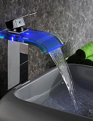Contemporary LED Waterfall Hydroelectric Power Glass Bathroom Sink Faucet Chrome Finish(Tall)