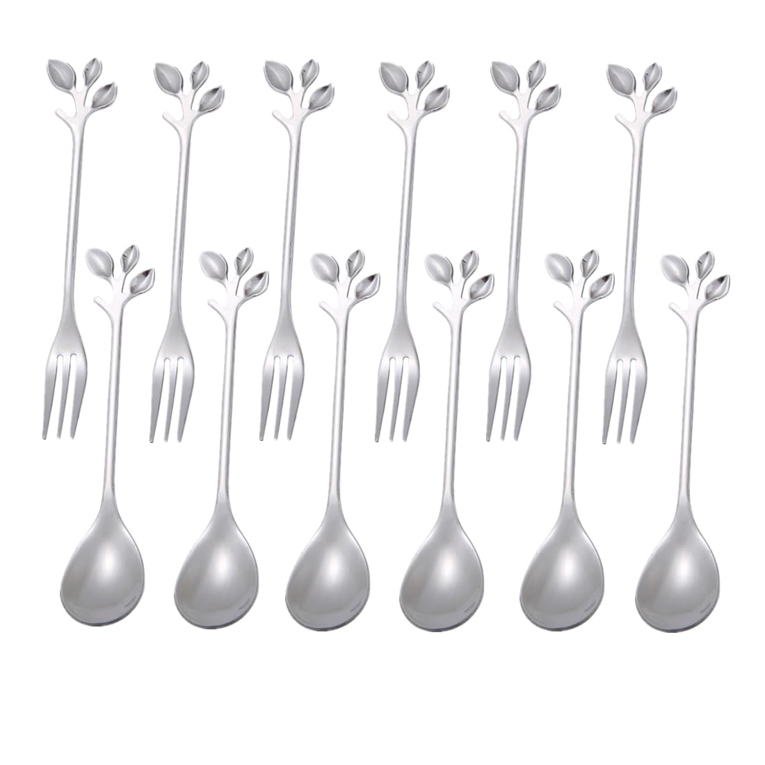 NEWOTE 12 Pieces Stainless Steel Leaf Shape Mini Dessert Spoons Forks Set, 4.7'' Home Kitchen Tableware Demitasse Espresso Coffee Cake Mixing Stir Ice Cream Fruit Teaspoon Fork