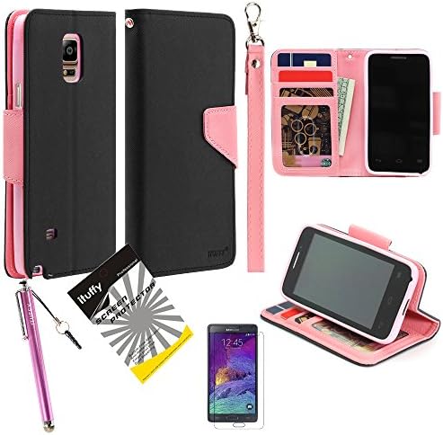 for Samsung Galaxy Note 4 SM-N910 / 3items Combo: ITUFFY (TM) LCD Screen Protector Film + Stylus Pen + MultiFunction 2Tone Portfolio Leather Wallet with Inner Soft TPU Rubber Skin &amp; ID Card Slots with Lanyard and Magnetic closure(Black - Light Pink)