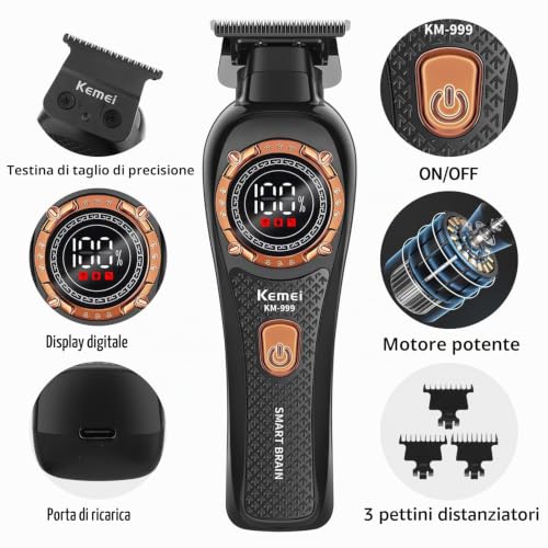KEMEI 999 Professional Men's Hair Clipper Cordless Electric Cordless T-Blade Hair Clipper with LED Display and 3 Guide Combs (Black)