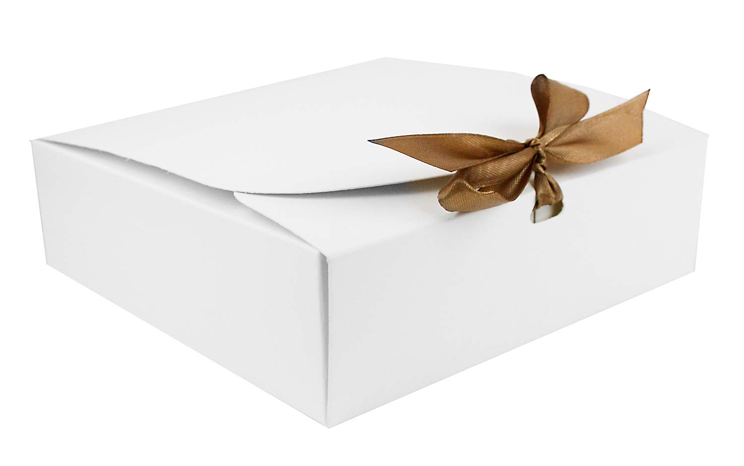 Emartbuy White Gift Box with Brown Ribbon Pack of 12 – Size 1 (16.5 x 16.5 x 5 cm) – Ideal for Gift Packaging, Hampers, Events, Small Business