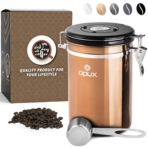 OPUX Coffee Canister | Stainless Steel Airtight Coffee Container with Scoop | Coffee Storage for Coffee Beans, Ground, Tea with Co2 Valve and Date Tracker | Coffee Jar (21 oz Copper)