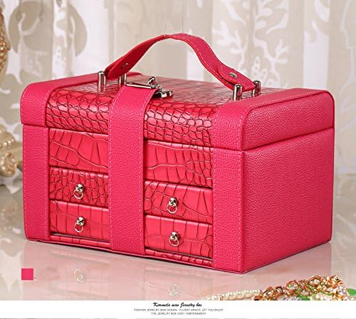 CRAFTS HOUSE Leather Jewelry Box Storage Organizer with Mini Travel Case and Lock-Rose red
