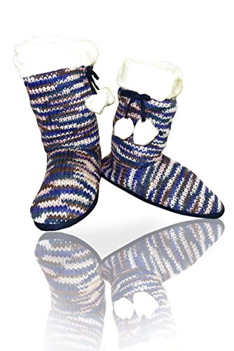 Women's Knit Slippers with Faux Fur Shearling Lining and Rubber Sole (Navy, Size 39-41 US)
