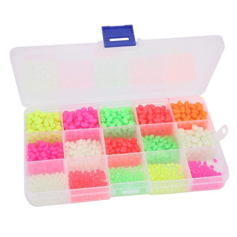 Vbestlife 1500Pcs Fishing Bead Set, Oval Shaped Luminous Fish Beads Fish Lures Tackle Tools 3 Sizes 5 Colors