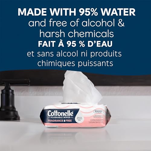 Cottonelle Fragrance Free Flushable Wet Wipes, Adult Wet Wipes, 2 Flip-Top Packs, 42 Wipes Per Pack (84 Total Flushable Wipes)