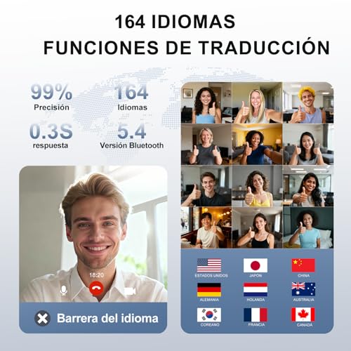 Audífonos Traductores con IA en Tiempo Real, Traductor Multilingüe de 164 Idiomas con LCD, Audífonos Bluetooth 5.4, Dispositivo de Traducción de 70H para Viajes de Negocios y Estudio,Comercio Exterior