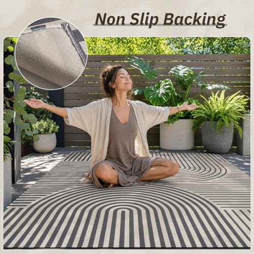 Engiw-Outdoor Rug-Patio Rug 9x12 Textured Weave Machine Washable Quick Dry Outdoor Carpet Braided Boho Non Slip Indoor Outdoor Rug for Deck Porch Balcony Backyard Blackish Grey