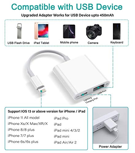 Yomais USB Camera Adapter with Charging Port, USB 3.0 Female OTG Cable Compatible with iPhone 11 Pro X 8 7 iPad, Support iOS 13 and Above, USB Flash Drive, U Disk, Mouse, Keyboard, Upto 500mAh, White