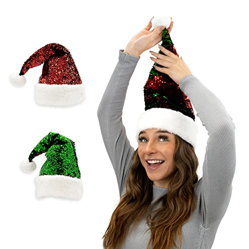 Sparkly Christmas Hat 2-Pack for Kids & Teens - Red and Green Flip Sequin Santa Hat with Soft Plush Trim | Glitter Santa Hat & Holiday Party Supplies | Reversible Sequin Festive Claus Hats at Amazon