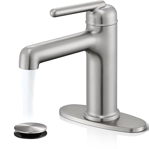 Brushed Nickel Bathroom Faucet, TACUET Single Hole Bathroom Sink Faucet with Pop-up Drain and Flexible Hoses, Faucet for Bathroom Sink, Vanity, RV, Modern Farmhouse, Suitable for 1 Hole or 3 Hole