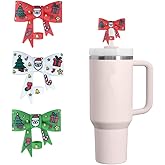 AXMCCH Christmas Straw Cover for Stanley Cup 10mm 0.4in Bow Shape Silicone Straw Topper for Stanley Tumbler 30Oz&40Oz (3PCS White Red Green)