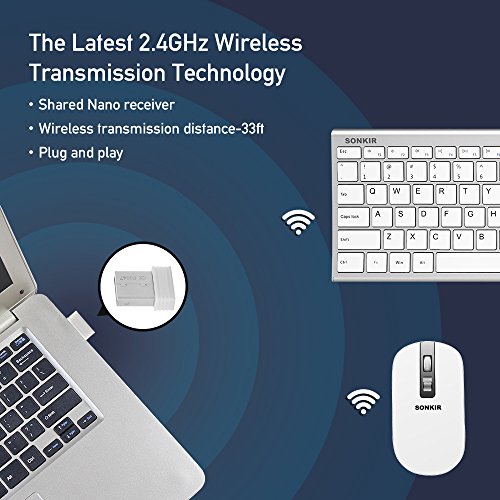 Keyboard and Mouse, Sonkir K-18 2.4GHz Ultra Thin Rechargeable Aluminum Full Size Wireless Keyboard Mouse Combo for Windows, Laptop, PC, Notebook (Silver)