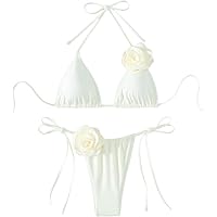 WDIRARA Women's Rhinestone Halter Bikini Set – Lettuce Trim Triangle 2-Piece Swimsuit