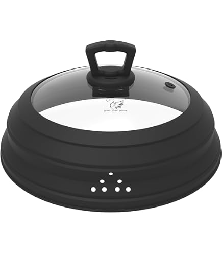 Couvercle Anti-éclaboussures Micro-ondes 30cm - Verre Trempé Et Silicone, Hauteur Ajustable (5.5 à 13cm), Pliable, Va Au Lave-vaisselle, Noir