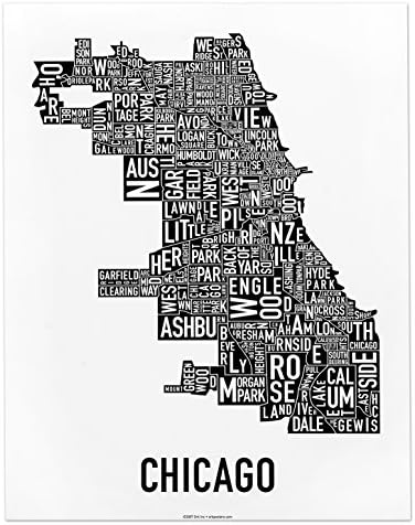 Chicago Neighborhoods Map Art Poster, Black & White, 11" x 14"