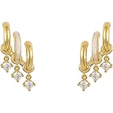 Yudisho 14K Gold Plated Triple Huggie Stud Earrings,Double Huggie Hoop Earrings for One Hole,Fang Jinghao Stone Earrings