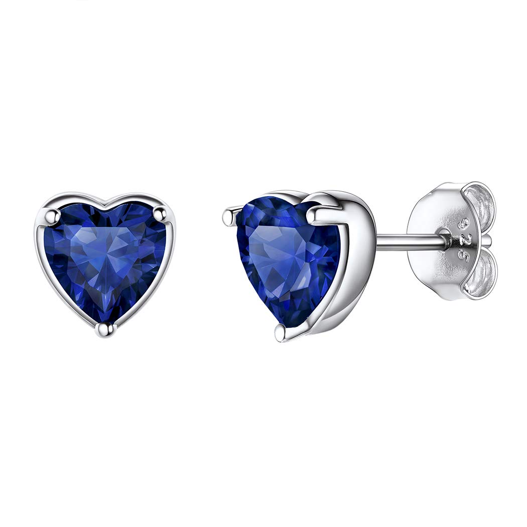 Suplight 925 Sterling Silver Blue Sapphire Earrings 6mm, Womens Birthstone Jewelry Gift Hypoallergenic Dainty Cute September Birthstone Heart Earrings for Girls