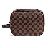 Rocket 92 Creations Checkered Makeup Bag for Women - Portable Multifunctional Cosmetic Bag - Toiletries Organizer Pouch with Zipper - Perfect for Makeup Tools, Lipstick, Eyeshadow & Brushes, Brown