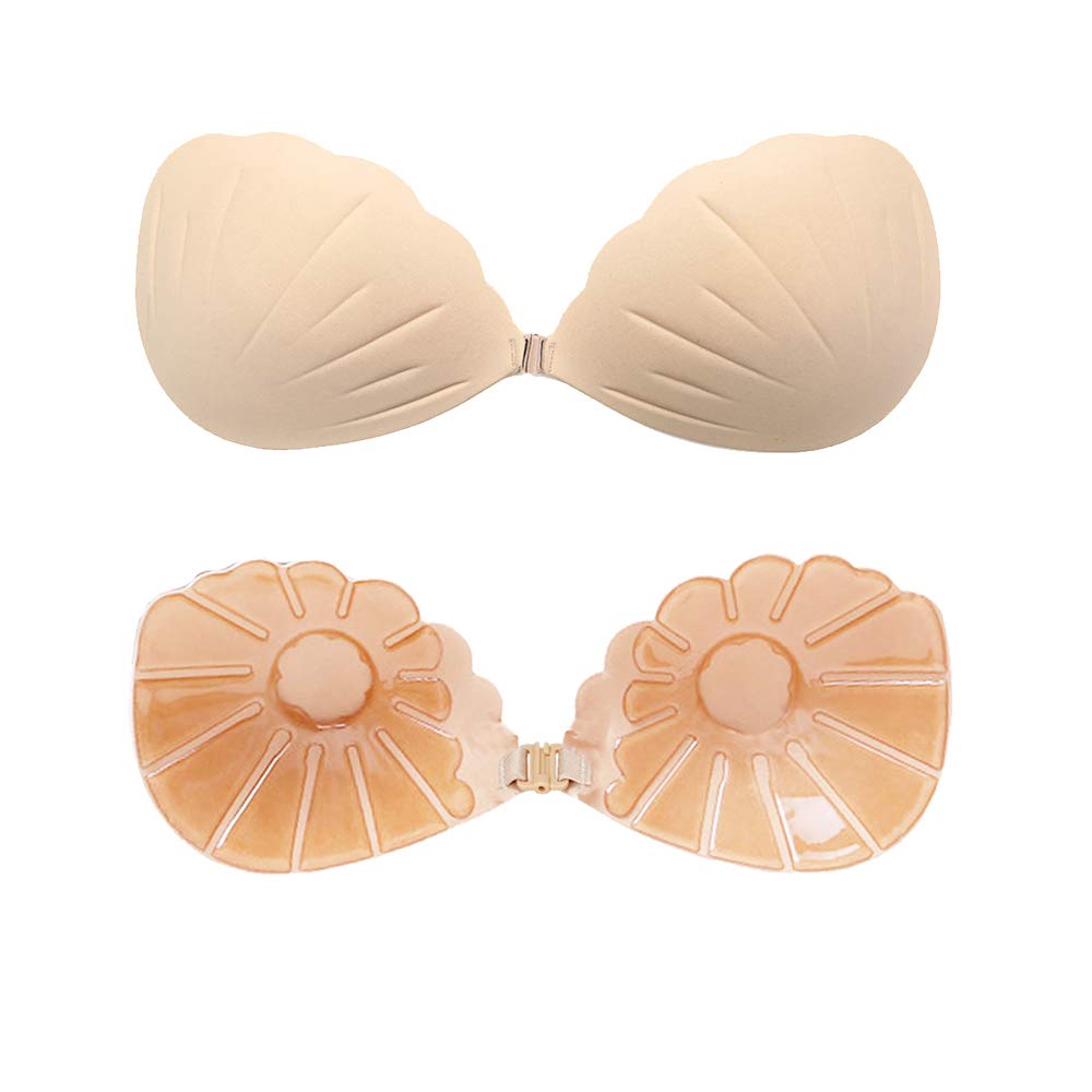 Women Push Up Strapless Sticky Plunge Bra Shells Shape Invisible Reusable Lift Self Adhesive Bra (Beige, B)