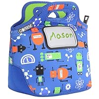 Kids Robots Neoprene Lunch Bag with ID Card Pocket | Identi-Tote by GOPRENE | Insulated, Reusable, Foldable, Washable, Color: ROBOT BLUE, 3 Blank Name Cards