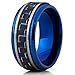 Men's Brushed Blue Titanium Wedding Bands Ring With Black and Blue Carbon Fiber Inlay, 9mm Comfort Fit