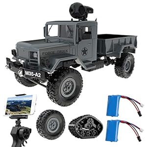 GILOBABY RC Military Truck with Wi-Fi HD Camera, 1:16 Scale Remote Control Off-Road Army Car 4WD 2.4Ghz Vehicle Crawler RTR for Adults and Kids (2 Batteries and 2 Kinds of Tires)