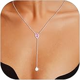 FOCALOOK 925 Sterling Silver Birthstone Long Pendant Necklace 16"-18" Y Drop Adjustable CZ Teardrop Lariat Necklaces for Women Mom Birthday Jewelry