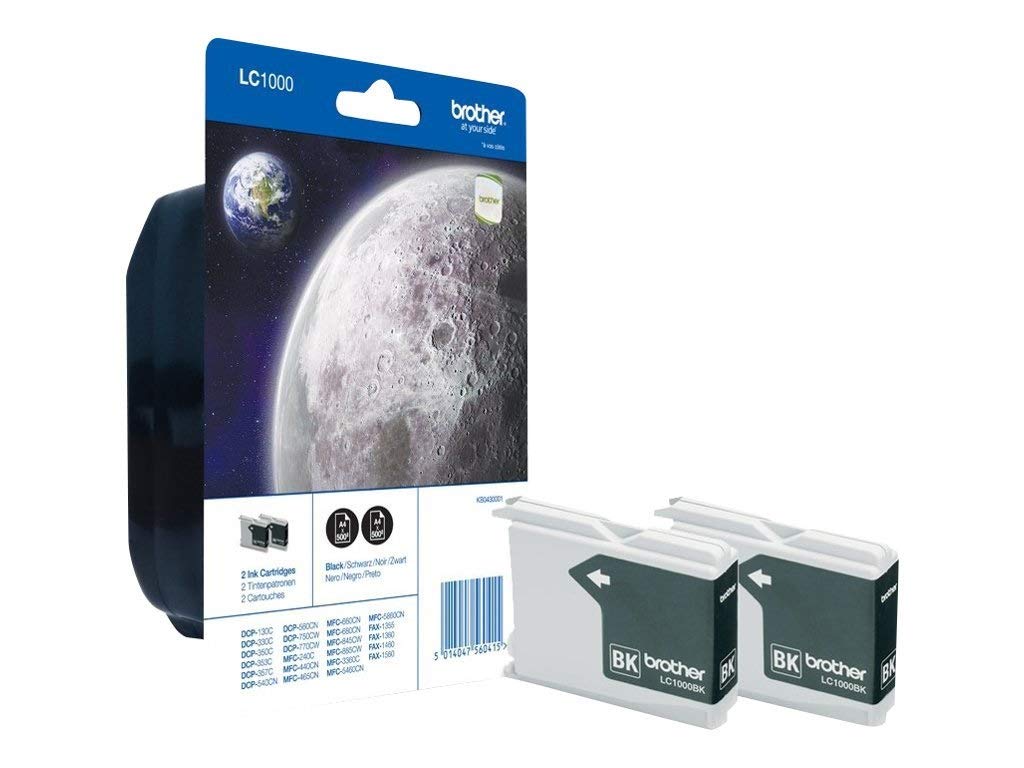 Brother LC-1000BK Inkjet Cartridge, Black, Twin Pack, Standard Yield, Includes 2 x Inkjet Cartridges, Brother Genuine Supplies