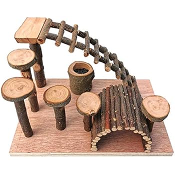 CAPTHOME Wooden Ladder Hammock, Pet Small Animal Hideout Hamster House with Funny Climbing Ladder Slide Wooden Hut Play Toys Chews for Small Animals Like Dwarf Hamster and Mouse