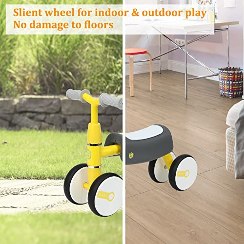 MICKYU Balance Bike for 1 Year Old Baby Girls Boys, Infant Ride On Toys No Pedal 4 Wheels Push Bicycle with Widened Saddle Seat, Best First Birthday Gifts New Year Holiday (Yellow)