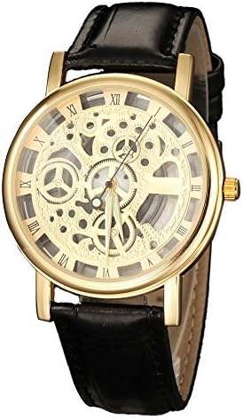 COCOTINA Mens Womens New Stylish Roman Numerals Faux Leather Skeleton Sports Wrist Watch (Black Golden)