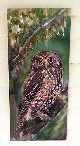 RURU. MOREPORK . New Zealand Native Owl. OUTDOOR Wall ART Panel from my original silk painting, Outside art, Garden Art, New Zealand native bird, 20cm x 12cm