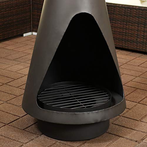Sunnydaze Outdoor Wood Burning Steel Chiminea Fire Pit - Heavy Duty Black Metal Firepit with Log Poker, Grate and Rain Cap - Backyard Patio Fireplace - 56 Inch